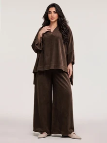 Solavon Plus Size Button Front High-Low Top And Loose Pants 2 Pieces Set Home Wear Vacation Night Brown Fall Casual Stylish - Coffee Brown - View 5
