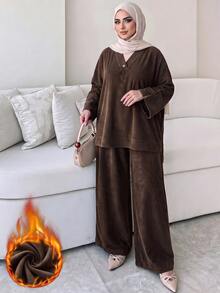 Solavon Plus Size Button Front High-Low Top And Loose Pants 2 Pieces Set Home Wear Vacation Night Brown Fall Casual Stylish - Coffee Brown - View 1