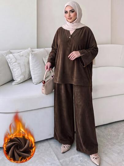 Solavon Plus Size Button Front High-Low Top And Loose Pants 2 Pieces Set Home Wear Vacation Night Brown Fall Casual Stylish