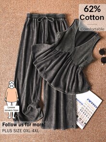 CosyJoli Plus Size Women V-Neck Ruffle Hem Sleeveless Top Pants 2 Pieces Set Casual Kawaii Coords Loungewear Comfy Summer Home Vacation Grey - Black - View 4