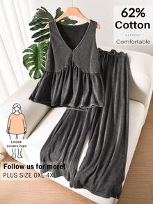 CosyJoli Plus Size Women V-Neck Ruffle Hem Sleeveless Top Pants 2 Pieces Set Casual Kawaii Coords Loungewear Comfy Summer Home Vacation Grey - Black - View 2