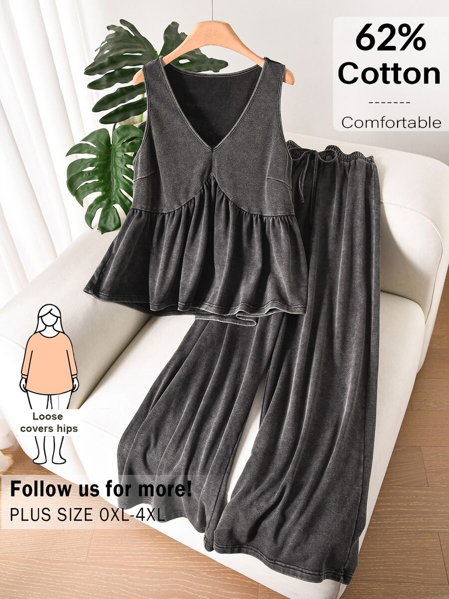 CosyJoli Plus Size Women V-Neck Ruffle Hem Sleeveless Top Pants 2 Pieces Set Casual Kawaii Coords Loungewear Comfy Summer Home Vacation Grey