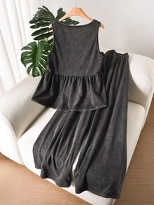 CosyJoli Plus Size Women V-Neck Ruffle Hem Sleeveless Top Pants 2 Pieces Set Casual Kawaii Coords Loungewear Comfy Summer Home Vacation Grey - Black - View 3