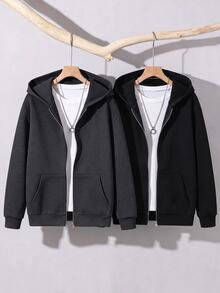 SHEIN Teen Boy Solid Color Zipper Casual Daily Long Sleeve Autumn Sweatshirt Pcs - Multicolor - View 1