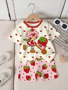 Strawberry Shortcake X SHEIN Young Girl Heart Cartoon Print Short Sleeve T-Shirt And Shorts Set - White - View 7