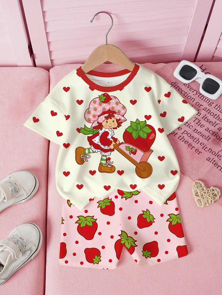 Strawberry Shortcake X SHEIN Young Girl Heart Cartoon Print Short Sleeve T-Shirt And Shorts Set - White - View 1