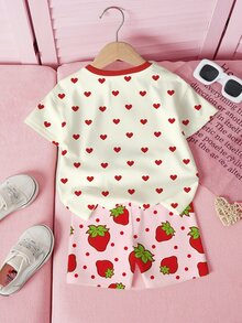 Strawberry Shortcake X SHEIN Young Girl Heart Cartoon Print Short Sleeve T-Shirt And Shorts Set - White - View 2