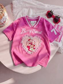 Strawberry Shortcake X SHEIN Young Girl V-Neck Short Sleeve Casual Versatile T-Shirt, - Pink - View 1