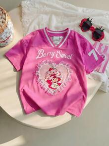 Strawberry Shortcake X SHEIN Young Girl V-Neck Short Sleeve Casual Versatile T-Shirt, - Pink - View 8