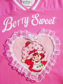 Strawberry Shortcake X SHEIN Young Girl V-Neck Short Sleeve Casual Versatile T-Shirt, - Pink - View 5