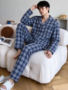 青少年男孩時尚休閒條紋馬標誌印花泡泡皺褶布料長袖開襟衫與長褲家居服套裝 - 彩色 - 查看 9