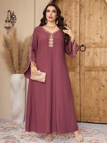 Al Najma Plus Size Elegant Modest Floral Embroidery Flare Sleeve Dress, Summer Turkish Dress Arabic Dress For Women Wedding - Red - View 5