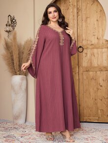 Al Najma Plus Size Elegant Modest Floral Embroidery Flare Sleeve Dress, Summer Turkish Dress Arabic Dress For Women Wedding - Red - View 6