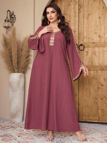 Al Najma Plus Size Elegant Modest Floral Embroidery Flare Sleeve Dress, Summer Turkish Dress Arabic Dress For Women Wedding - Red - View 9