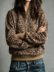 SHEIN American Vintage Leopard Print Half-Zip Stand Collar Sweatshirt, Loose Drop Shoulder Long Sleeve Kangaroo Pocket Ribbed Hem - Multicolor - View 3