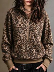 SHEIN American Vintage Leopard Print Half-Zip Stand Collar Sweatshirt, Loose Drop Shoulder Long Sleeve Kangaroo Pocket Ribbed Hem - Multicolor - View 1