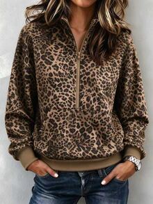 SHEIN American Vintage Leopard Print Half-Zip Stand Collar Sweatshirt, Loose Drop Shoulder Long Sleeve Kangaroo Pocket Ribbed Hem - Multicolor - View 5