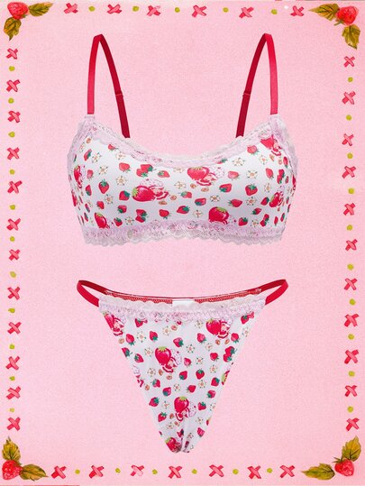 Strawberry Shortcake X SHEIN Conjunto de lencería con estampado de fresa y adorno de encaje para mujer