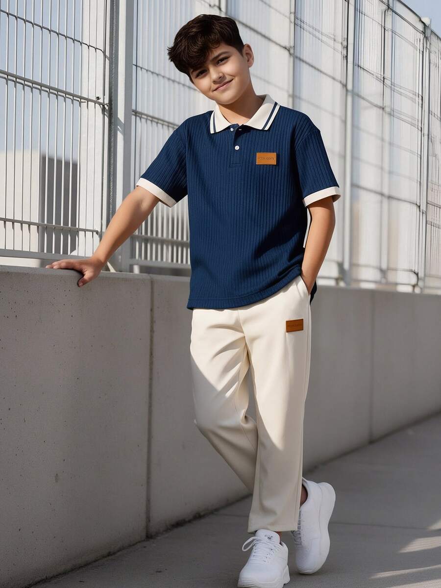 SHEIN Tween Boys Short Sleeve Polo And Long Pants For Birthday Party, Wedding, Graduation & Back To School Autumn Fall
