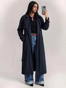 SHEIN BAE Women's Long Sleeve Long Trench Coat With Belt, Casual Comfortable Commuter Style - Navy Blue - View 1