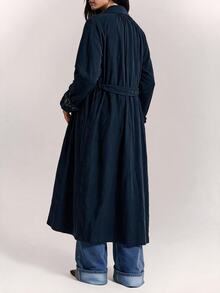 SHEIN BAE Women's Long Sleeve Long Trench Coat With Belt, Casual Comfortable Commuter Style - Navy Blue - View 2