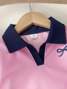 SHEIN 女童學院風 Polo 領 2 件套，海軍藍對比色翻領長袖上衣 + 高腰寬腿褲休閒套裝，百搭運動風，適合春秋日常上學與外出 - 寶藍色 - 查看 6