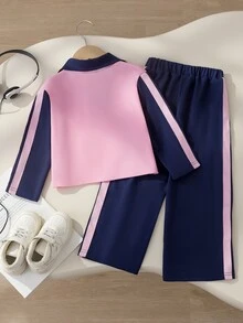 SHEIN 女童學院風 Polo 領 2 件套，海軍藍對比色翻領長袖上衣 + 高腰寬腿褲休閒套裝，百搭運動風，適合春秋日常上學與外出 - 寶藍色 - 查看 5