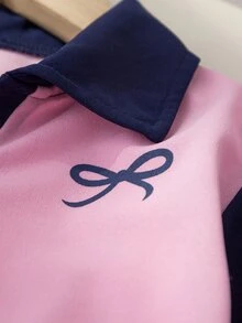 SHEIN 女童學院風 Polo 領 2 件套，海軍藍對比色翻領長袖上衣 + 高腰寬腿褲休閒套裝，百搭運動風，適合春秋日常上學與外出 - 寶藍色 - 查看 4