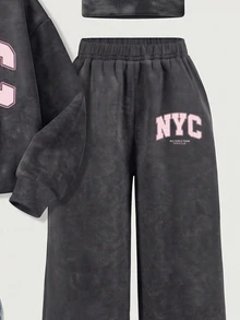 Young Girl 1pc Letter Graphic Drop Shoulder Thermal Lined Pullover Sweatshirt & 1pc Sweatpants - Multicolor - View 4