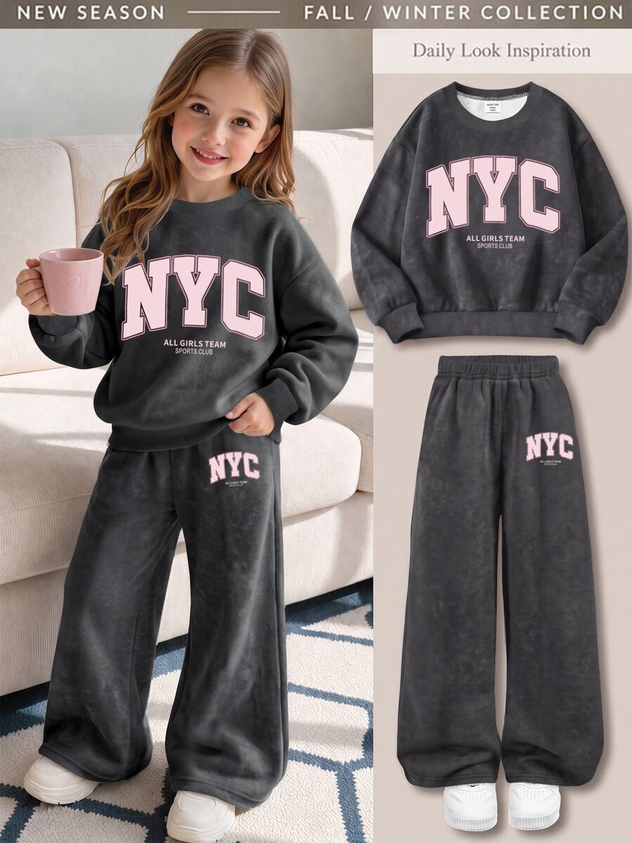 Young Girl 1pc Letter Graphic Drop Shoulder Thermal Lined Pullover Sweatshirt & 1pc Sweatpants - Multicolor - View 1