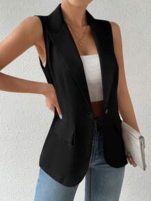 SHEIN Ladies' Solid Color Vest Style Blazer Jacket With Notched Lapel - Black - View 7