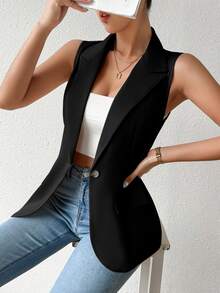 SHEIN Ladies' Solid Color Vest Style Blazer Jacket With Notched Lapel - Black - View 5