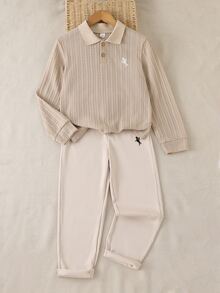 2pcs Boys (Big) Gentleman Outfit Set, Summer Elegant Dressy Modest Long Sleeve Polo Shirt + Casual Long Pants 2-Piece Set, Back To School Beige Gray - Khaki - View 7