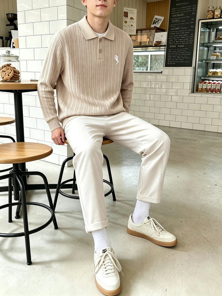 2pcs Boys (Big) Gentleman Outfit Set, Summer Elegant Dressy Modest Long Sleeve Polo Shirt + Casual Long Pants 2-Piece Set, Back To School Beige Gray