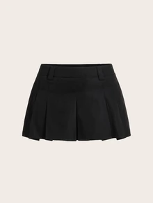 SHEIN ICON 女士黑色可爱时尚甜美街头风格超低腰工作服百褶裙 - 黑色 - 查看 3