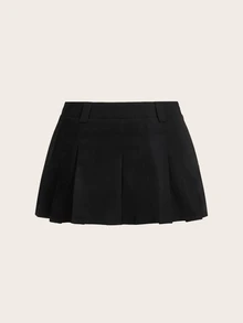 SHEIN ICON 女士黑色可爱时尚甜美街头风格超低腰工作服百褶裙 - 黑色 - 查看 4