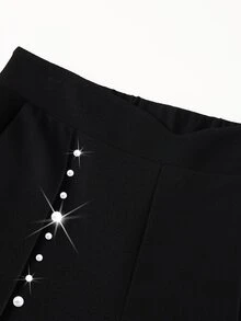 SHEIN LUNE CURVE Plus Size Women's Casual Minimalist Commuter Versatile Office Business Style, Asymmetrical Pearl Decor Patchwork Design Pleated Knit Fabric Long Pants Spring/Autumn - Black - View 6