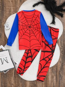 SHEIN Young Boy Casual Minimalist Fitted Comfortable Crew Neck Short Sleeve Long Pants Loungewear Suitable For Spring And Summer, Classic Handsome Spider Web Color Block Pattern Print - Multicolor - View 4