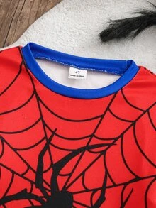 SHEIN Young Boy Casual Minimalist Fitted Comfortable Crew Neck Short Sleeve Long Pants Loungewear Suitable For Spring And Summer, Classic Handsome Spider Web Color Block Pattern Print - Multicolor - View 5