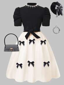 SHEIN Tween Girls Ruched Cute Elegant Printed Pattern Waist Cinched Long Dress Wedding Party Flowergirl White And Black Summer - Multicolor - View 3