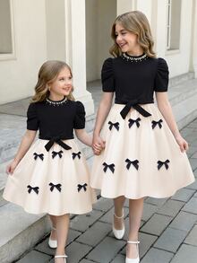 SHEIN Tween Girls Ruched Cute Elegant Printed Pattern Waist Cinched Long Dress Wedding Party Flowergirl White And Black Summer - Multicolor - View 4