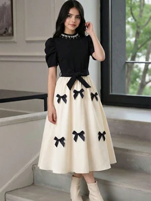 SHEIN Tween Girls Ruched Cute Elegant Printed Pattern Waist Cinched Long Dress Wedding Party Flowergirl White And Black Summer - Multicolor - View 5