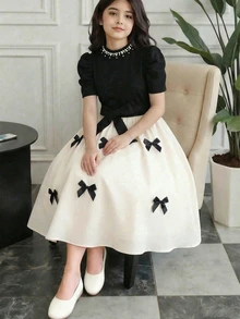 SHEIN Tween Girls Ruched Cute Elegant Printed Pattern Waist Cinched Long Dress Wedding Party Flowergirl White And Black Summer - Multicolor - View 2