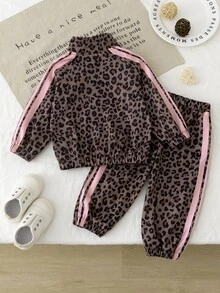 Setelan Pakaian Olahraga Motif Leopard 2 Potong untuk Remaja Perempuan - Jaket Kerah Tegak dengan Resleting + Celana Jogging dengan Manset, Pakaian Streetwear Atletik Bergaya Retro - Coklat - View 2