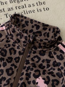 Setelan Pakaian Olahraga Motif Leopard 2 Potong untuk Remaja Perempuan - Jaket Kerah Tegak dengan Resleting + Celana Jogging dengan Manset, Pakaian Streetwear Atletik Bergaya Retro - Coklat - View 5