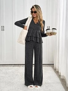 Easowa V-Neck Multi-Layer Ruffle Hem Button-Front A-Line Doll Blouse Long Sleeve Pants Set, Casual Elegant Office Lounge Fall Women's Dark Grey - Black - View 6