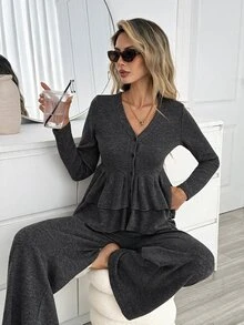 Easowa V-Neck Multi-Layer Ruffle Hem Button-Front A-Line Doll Blouse Long Sleeve Pants Set, Casual Elegant Office Lounge Fall Women's Dark Grey - Black - View 7