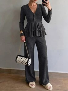 Easowa V-Neck Multi-Layer Ruffle Hem Button-Front A-Line Doll Blouse Long Sleeve Pants Set, Casual Elegant Office Lounge Fall Women's Dark Grey - Black - View 3
