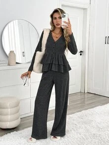 Easowa V-Neck Multi-Layer Ruffle Hem Button-Front A-Line Doll Blouse Long Sleeve Pants Set, Casual Elegant Office Lounge Fall Women's Dark Grey - Black - View 5