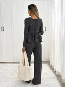Easowa V-Neck Multi-Layer Ruffle Hem Button-Front A-Line Doll Blouse Long Sleeve Pants Set, Casual Elegant Office Lounge Fall Women's Dark Grey - Black - View 2